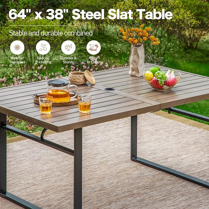 SUNSHINE VALLEY 64" Patio Dining Table for 6,Teak Color Rectangle Patio Table with Umbrella Hole,E-Coating and Powder Coating Steel Frame Metal Outdoor Patio Table for Garden Backyard Lawn Yard