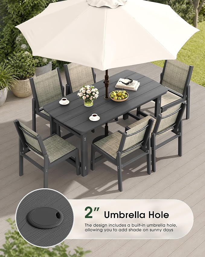 HDPE Outdoor Patio Dining Set with Table & 6 Stackable Armless Textilene Chairs, All-Weather 7-Piece Dining Table Set with Umbrella Hole, Patio Furniture for Garden, Poolside, Backyard, Deck | Grey
