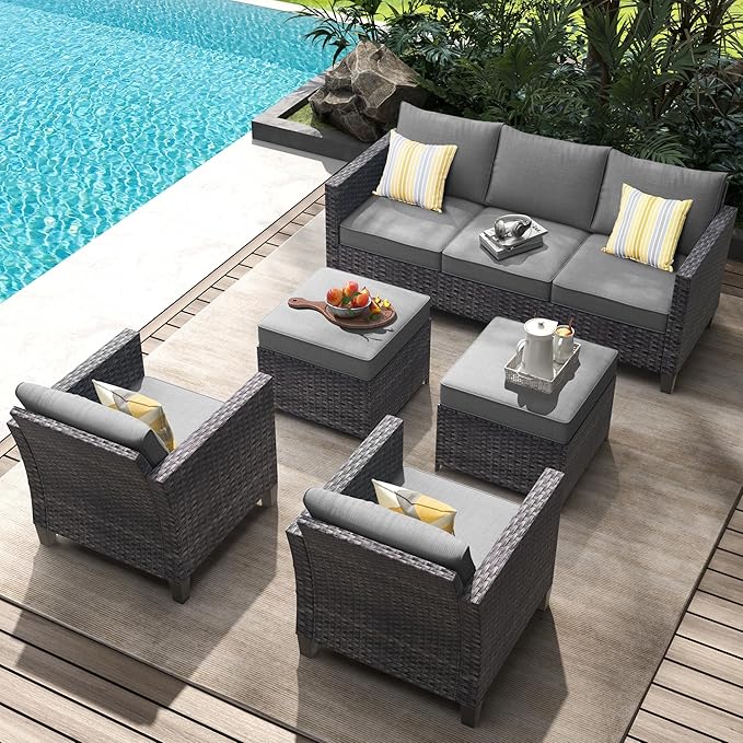 HOOOWOOO Patio Conversation Sets,5 Piece Wicker Outdoor Furniture Set with Ottoman,All Weather Resistant Modern Outside Out Door Rattan Couch Chairs Set,Charcoal Gray