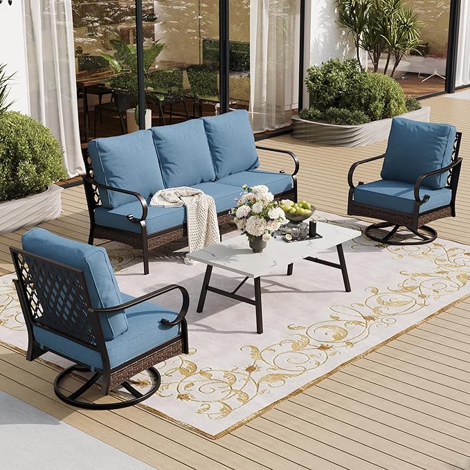 5 PCS Metal Outdoor Patio Furniture Set, Patio Conversation Sets 1 3-Seater Sofa, 2 Swivel Chairs with 5.75" Extra Thick Cushion & Coffee Table, Black Backyard Furniture, Denim Blue