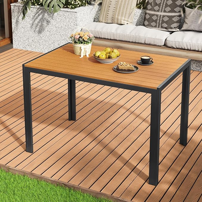 TLSUNNY Outdoor Dining Table 43×28in，Rectangle Patio Dining Table with Aluminum Frame & WPC Tabletop, Weather Resistant, Ideal for Patio, Garden, Porch, Brown