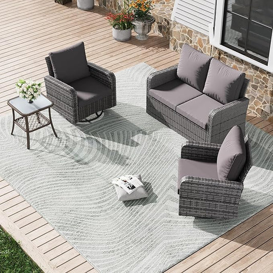 HOMREST 4 Piece Wicker Patio Furniture Set, 360 Degree Outdoor Swivel Patio Chairs w/Coffee Table and Loveseat, Small Patio Furniture Set for Garden, Deck and Poolside (Grey)