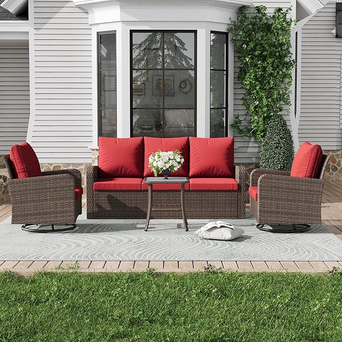 HOMREST 4 Piece Wicker Patio Furniture Set, 360 Degree Outdoor Swivel Patio Chairs w/Coffee Table and 3-Seat Sofa, Small Patio Furniture Set for Garden, Deck and Poolside (Wine Red)