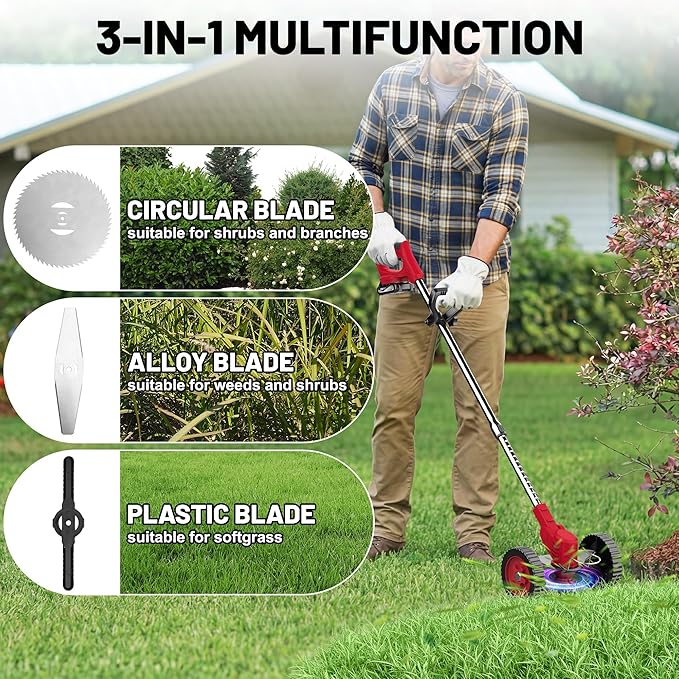 MGYM Cordless Weed Wacker, 20V Electric String Trimmer with 2x2.0Ah Batteries and Charger, Adjustable Pole Weed Wacker with Wheel for Lawn, Yard, Garden Grass Cutter(Red)