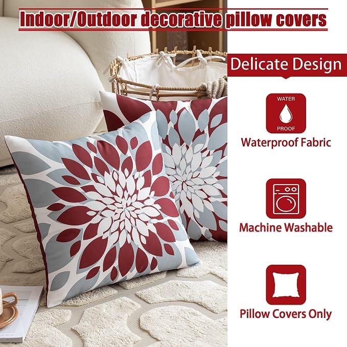Pack of 4 Outdoor Waterproof Pillow Covers 18x18 Decorative Outdoor Throw Pillows Garden Square Cushion Cases for Patio Furniture, Couch, Tent Sunbrella, Bench, Burgundy Red Grey