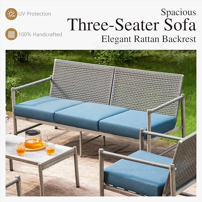 Sophia & William 6-Piece Outdoor Wicker Patio Conversation Set, 3-Seat Sofa, 4 Fixed Sofa Chairs, 31" Coffee Table, All-Weather Rattan Patio Furniture for Porch, Poolside
