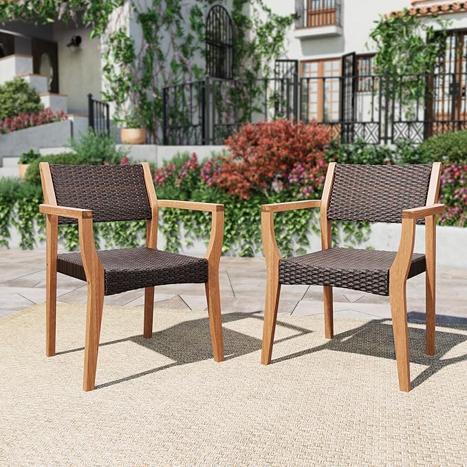 PHI VILLA Patio Acacia Wood Dining Chairs w/Wicker Back & Seat, 2PCS | Teak farmhouse armchairs for outdoor deck, porch, backyard