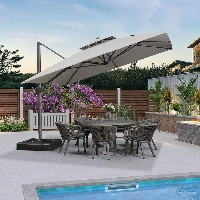 PURPLE LEAF 11 FT Cantilever Umbrella Outdoor Patio Umbrella Large Offset Square Umbrella Windproof Heavy Duty Hanging Outside Umbrellas for Patio, Pebble Grey