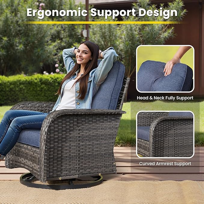7 Pieces Outdoor Patio Furniture Set with Coffee Table, All Weather Wicker Patio Conversation Sets with Rocking Chairs, Balcony Furniture Sets for Backyard, Garden, Poolside, Denim Blue
