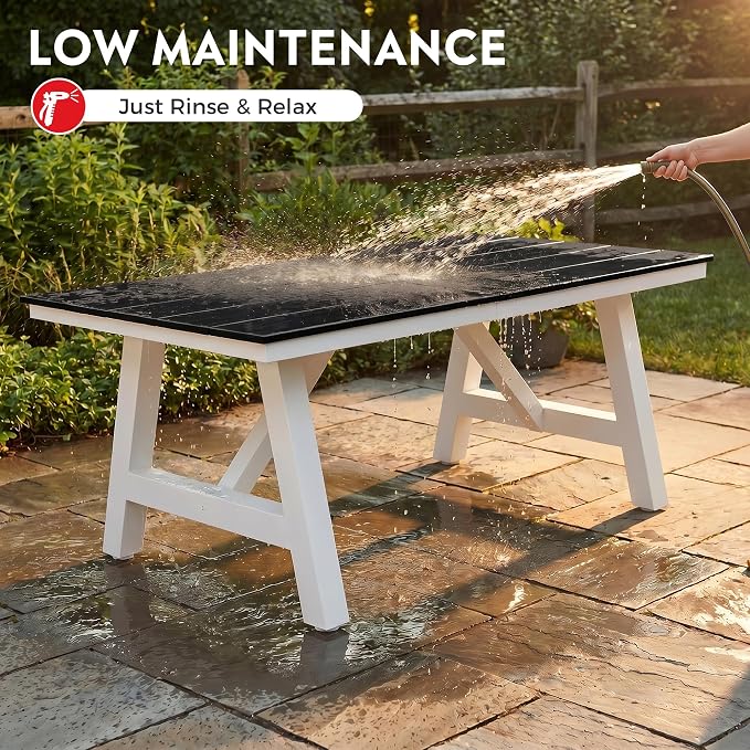 Costaelm Outdoor Dining Tables for Patio, 72" Rectangle 6-Person HDPE Dining Table with Umbrella Hole and Metal Frame for Outside, Garden, Poolside, Backyard, Porch, Balcony, Black
