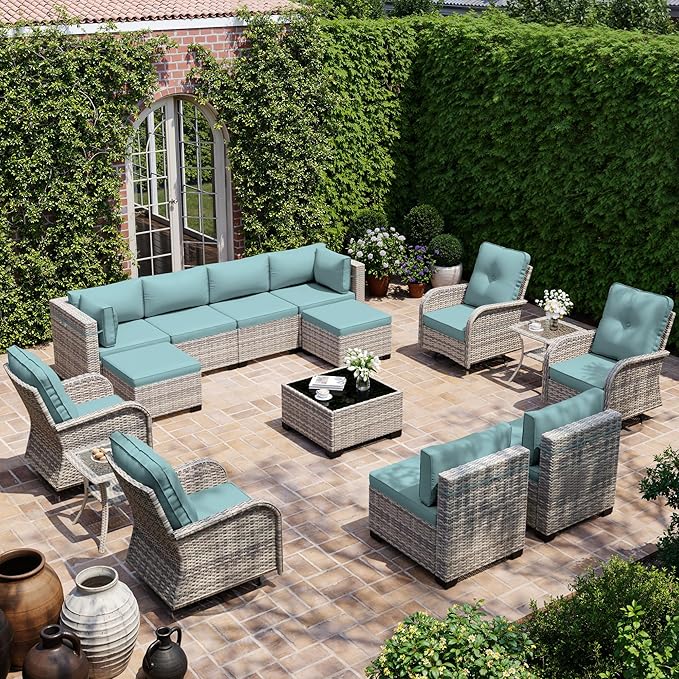 15-Piece Outdoor Patio Furniture Set with Rocking Swivel Chair, Wicker Rattan Sectional Sofa Conversation Set with Tempered Glass Table with Ottomans, Backyard Furniture, Light Blue