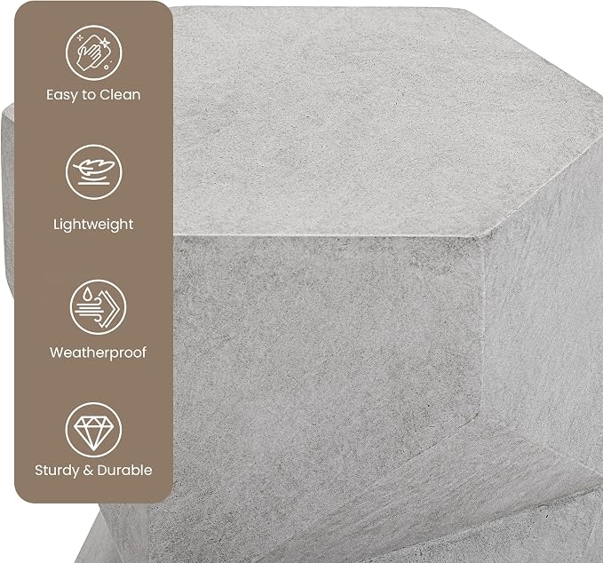 HOMPUS Outdoor Side Table Polygonal, Concrete End Table Hexagonal w Gloss Finish, Patio Accent Table Modern Design Home Decor, MgO Coffee Table for Living Room, Garden, Backyard, Grey
