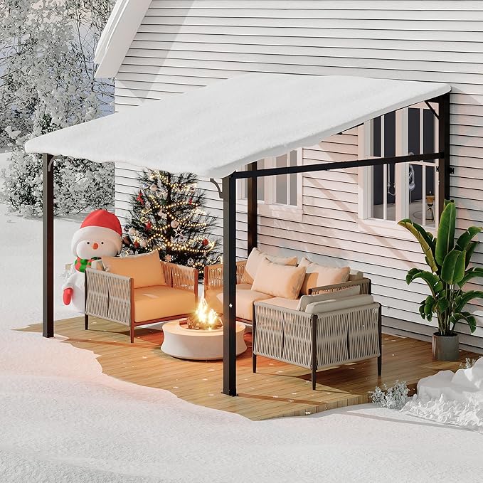 GarveeHome 10' x 10' Lean to Gazebo, Hard Top Outdoor Pergola with Roof, Gazebos Pergola on Clearance, Large Wall Mounted Heavy Duty Awnings for Patio, Backyard, Deck, Porch