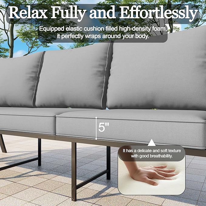 5 Pieces Patio Conversation Sets, All Weather Metal Outdoor Furniture Set with Sectional Sofa Loveseat Couch for Backyard Garden Deck Porch Poolside (Gray Cushions)