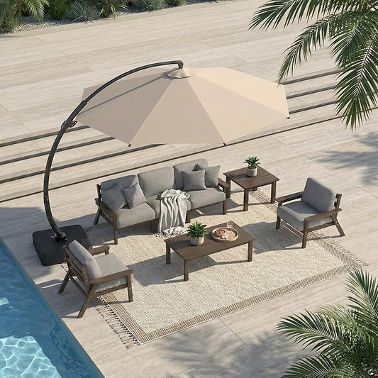 7 Piece Patio Conversation Sets, Outdoor Couch with Washable Thick Gray Cushions, HDPE Patio Furniture Set with 12FT Umbrella, Outdoor Sectional Furniture for Backyard (Brown Frame)
