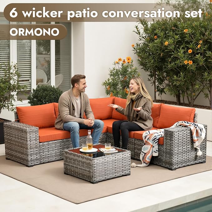 6 Pieces Patio Furniture Set, Wicker Outdoor Sectional Sofa with Coffee Table Comfy Cushions, Modern Modular Deep Seat Rattan Couch Conversation Set for Backyard Porch Yard,Orange