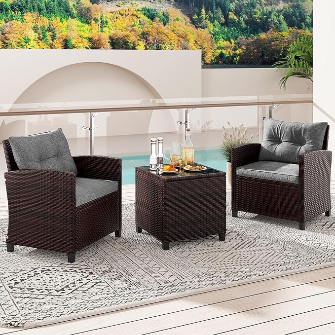 3 Pieces Wicker Patio Furniture Set, Outdoor Sofa Set with Water-Resistant Cushion & Tempered Glass Table, Outdoor Conversation Set Bistro Set for Garden, Balcony, Poolside(Gray)