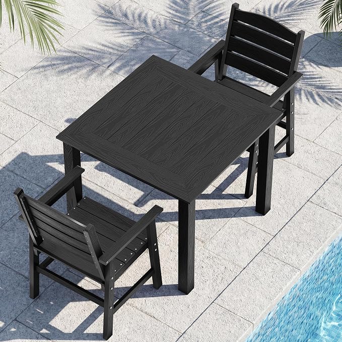 YEFU 3-Piece Outdoor Dining Set：HIPS All-Weather Patio Dining Sets Modern Waterproof Outdoor Table and Chairs for 2 - Easy-Clean Square Patio Furniture Set for Garden Poolside Backyard Deck（Black）