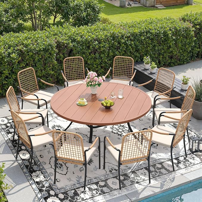 DIFY 11 Pieces Outdoor Dining Set for 10, 60" Round Dining Table with Umbrella Hole & Wicker Stackable Patio Chairs with Cushions, Metal Patio Table and Chairs Set for Backyard Porch Garden, Walnut