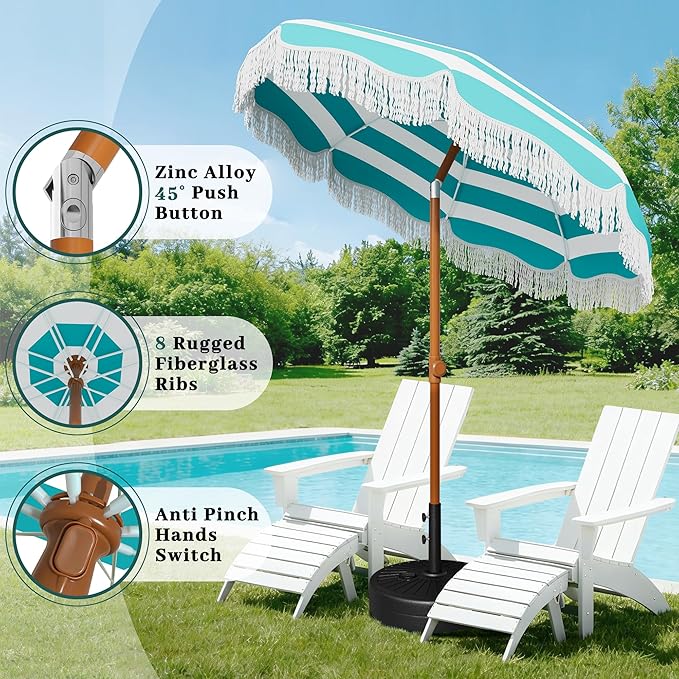 AreShark 7ft Patio Umbrella with Fringe, UPF50+ Beach Umbrella for Table, Pool & Garden, Portable Outdoor Tassels Umbrella w/Fiberglass Ribs&Push Bottom Tilt(Blue and White Stripe)