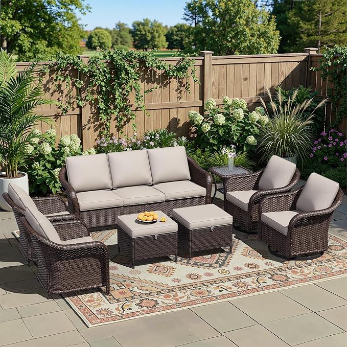 8 Piece Patio Wicker Conversation Set, All-Weather Use Outdoor Wicker Sofa with 2 PE Rattan Ottomans,2 Chair, 2 Swivel Chair, 1 Side Table, Ideal for Porch, Backyard, Balcony, Poolside, Beige