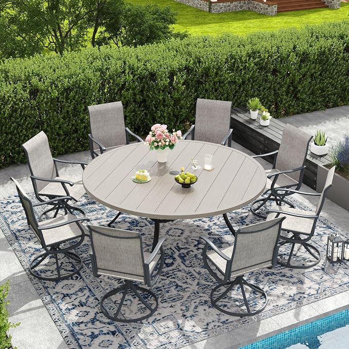 DIFY Outdoor Dining Set for 8, 9 Piece Patio Table and Chairs Set, Swivel Patio Dining Chairs with Grey Textilene & 63" Grey Wood-Like Round Metal Dining Table with Umbrella Hole, for Garden Backyard