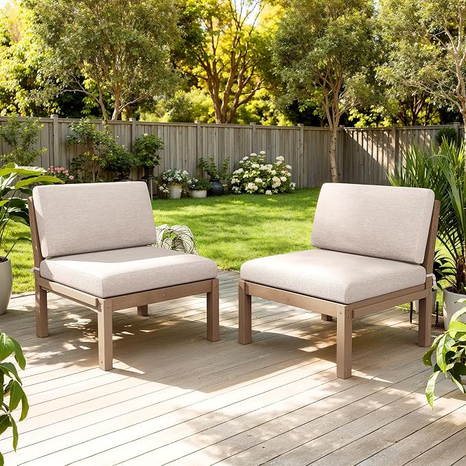 Outdoor Patio Chairs Set of 2, HIPS Modular Sectional Seatings & Thick Cushions– Side Interlock Easy to Connect, Weatherproof Patio Furniture Set for Backyard, Deck, Poolside (Teak)