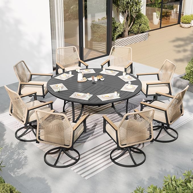 Patio Dining Set 9 Piece, 8 x Woven Rattan Swivel Chairs with Waterproof Cushion, 67" Round Metal Dining Table with Umbrella Hole, Outdoor Table and Chairs Set for Backyard Lawn and Deck, Beige