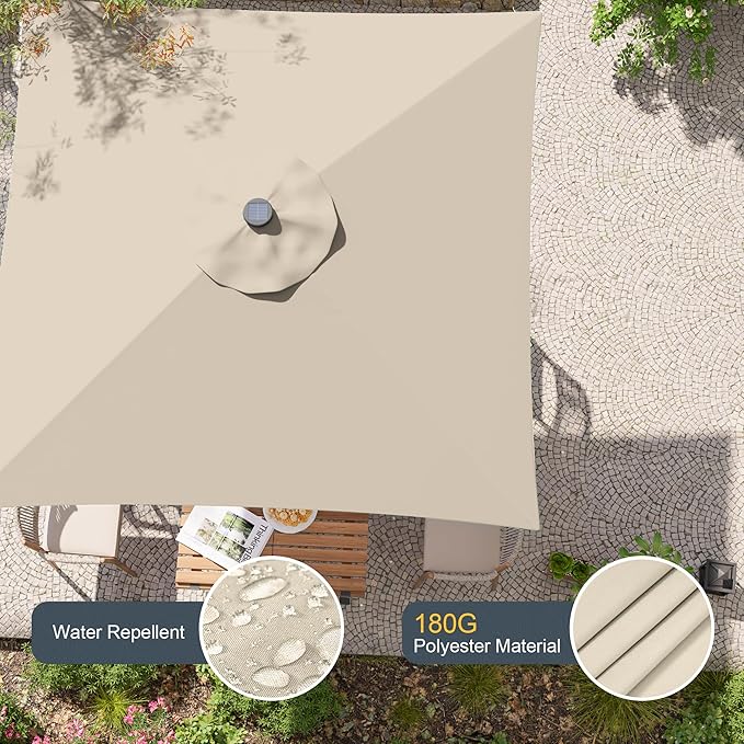 Square Patio Umbrella With Solar Lights, 6.5x6.5ft Square Umbrella Outdoor Patio with Tilt and Crank for Pool, Deck, Garden,Backyard