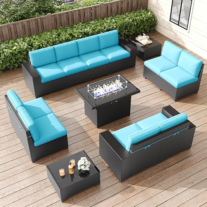 LayinSun 13 Pieces Patio Furniture Set with Fire Pit Table, Black Rattan Modular Sectional Patio Conversation Sofa Set
