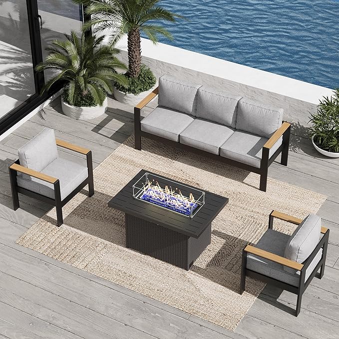 Aluminum Outdoor Patio Furniture Sets, 4 Piece Metal Patio Conversation Sets with Fire Pit with 5 Inch Cushion for Garden Backyard Deck