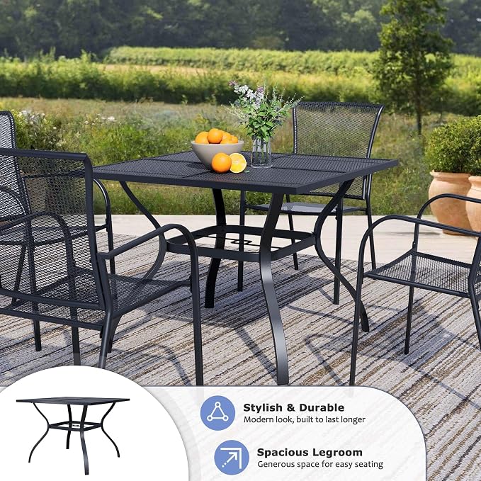 Square Patio Dining Table,All-Weather Metal Steel Mesh Patio Table with Umbrella Hole,Outdoor Dining Table for Lawn Garden Porch, Black