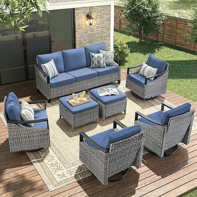 7 Piece Outdoor Patio Furniture Sets-High Back Wicker Swivel Rocker Patio Chairs Set of 4 with Thick Cushions Ottomans, Outdoor Sofa, Patio Conversation Sets for Porch Balcony Patio Deck Grey/Blue