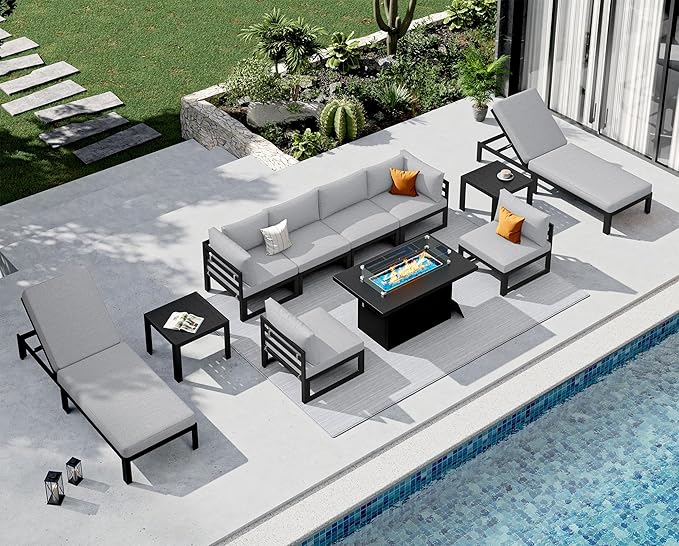 NICESOUL 8 People Large Modern Aluminum Outdoor Sofa with Chaise & Firepit Table, 29" Deep Wide Seat, 500 lbs Durable Sectional Set for Heavy People, Anti-Rust Patio Furniture Set for Deck, Light Grey
