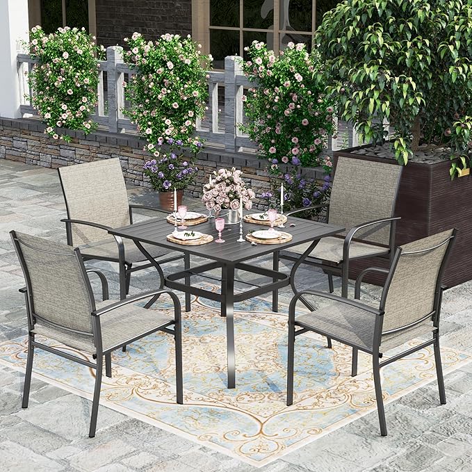 HERA'S HOUSE 5-Piece Patio Table and Chairs, Outdoor Dining Set for 4, Square Metal Table and Textilene Chairs with Umbrella Hole for Lawn Garden Backyard Deck, Brown