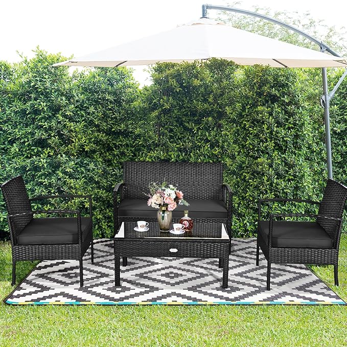 Tangkula 4 Pieces Wicker Patio Conversation Furniture Set, Outdoor Rattan Chair and Table Set, Patio Furniture Sets with Coffee Table & Washable Cushions for Courtyard Balcony Garden