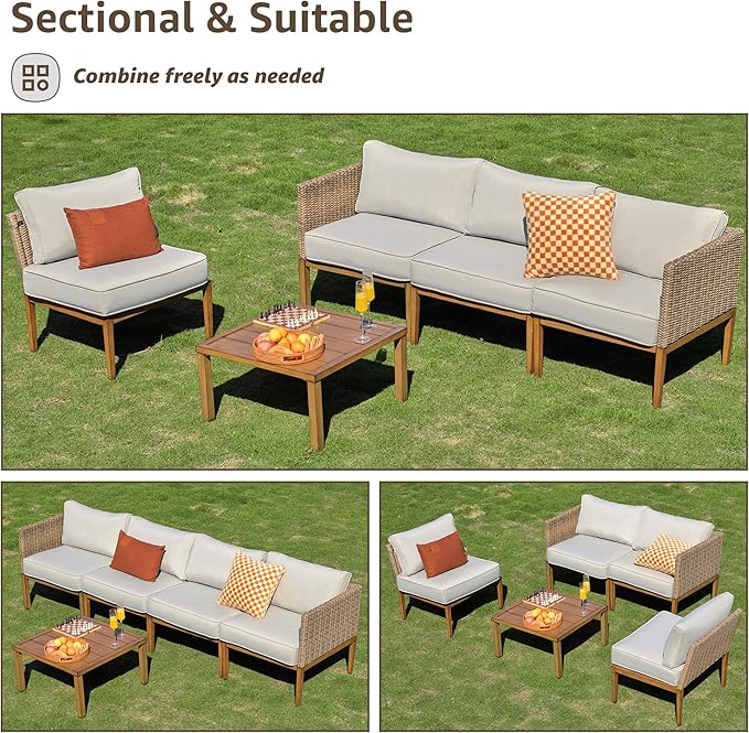 NATURAL EXPRESSIONS Patio Furniture Sets, 5 Pieces Wicker Outdoor Sectional Couch Sofa Patio Outdoor Furniture Conversation Set with Handwoven Rattan,Handbrush Wooden Grain Metal Frame,5" Cushions