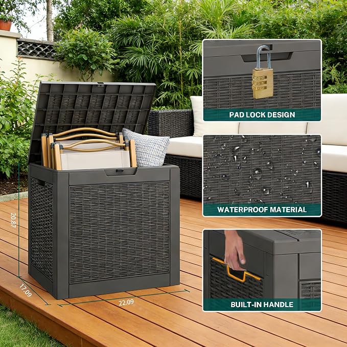 Outdoor Storage Box, 31 Gallon Resin Deck Boxes Outdoor Waterproof For Patio Furniture, Garden Tools, Pool Supplies, Lockable And UV Resistant (Rattan Black)