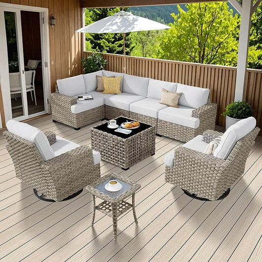 Weaxty 9 Pieces Patio Furniture Set, Outdoor Sectional Furniture Sofa Set w/Swivel Rocking Chairs Coffee Table, PE Wicker Modular Couch Conversation Set for Backyard Garden,Gray
