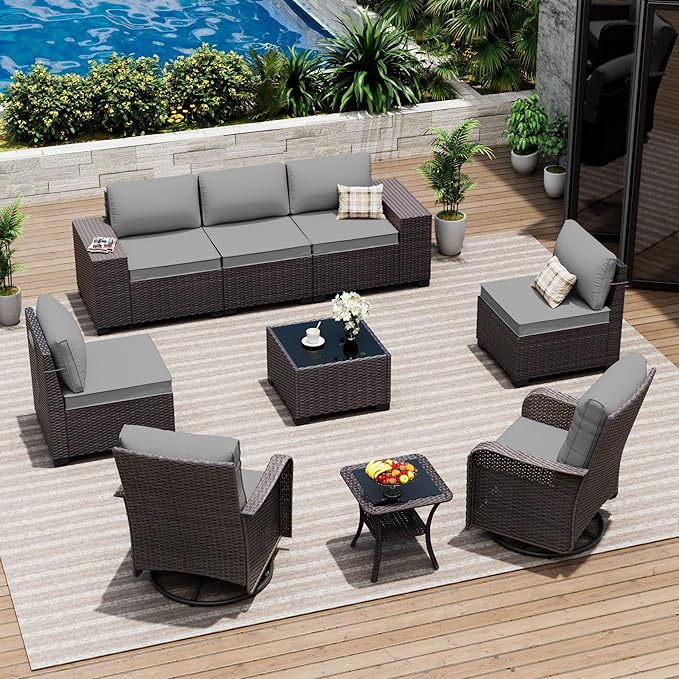 9 Pieces Patio Furniture Set with 2 Swivel Chairs Patio Furniture Outdoor Sectional Sofas Outdoor Patio Conversation Set - Grey