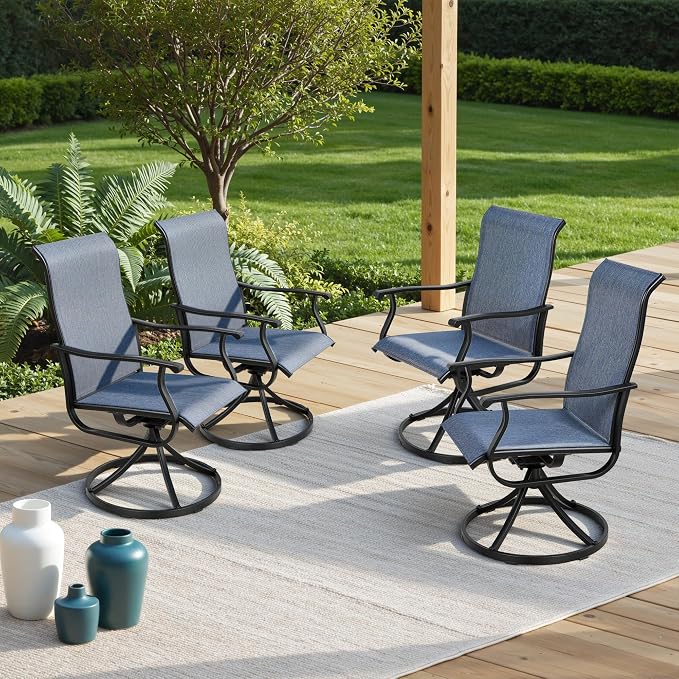 SUNCROWN Patio Swivel Rocker Dining Chairs Set of 4, All Weather High Back Textilene Outdoor Chairs with Sturdy Metal Frame, Swivel Rocking Patio Chairs for Backyard Lawn Garden Porch Deck, Blue