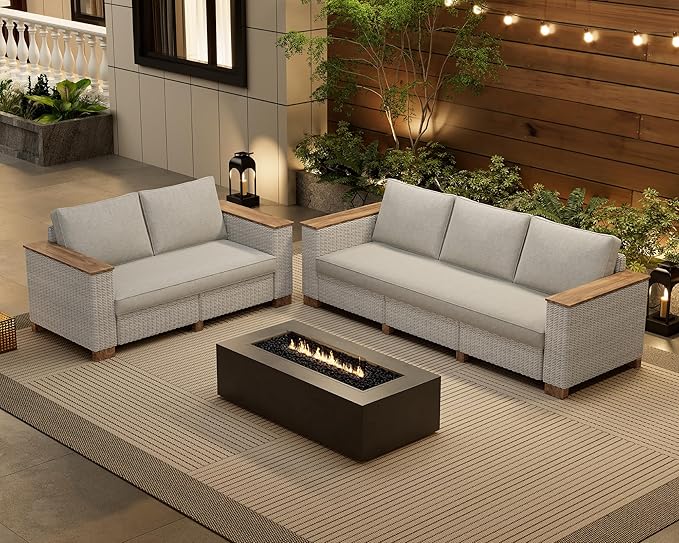 PaPaJet Modern Patio Furniture Set, 5 Piece Modular Rattan Outdoor Sectional Set with Washable Cushions for Lawn Deck Backyard Garden, Beige(88"+63")