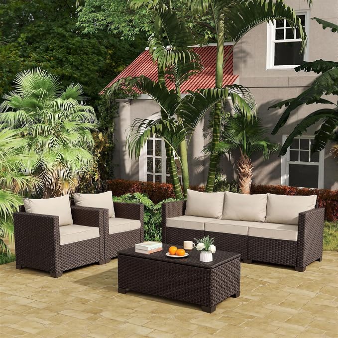 Rattan Star Patio Furniture Set 4 Pcs Outdoor Furniture Sets Patio Couch Outdoor Chairs Coffee Table with Storage Khaki No-Slip Cushions and Waterproof Covers