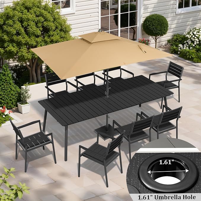 11-Piece Outdoor Dining Set for 10 Person with Black Wood-Grain Top | Armrest Stackable Chairs with 19.4" Seat Depth, Aluminum Frame Dining Furniture with Umbrella Hole for Deck, Porch & Backyard