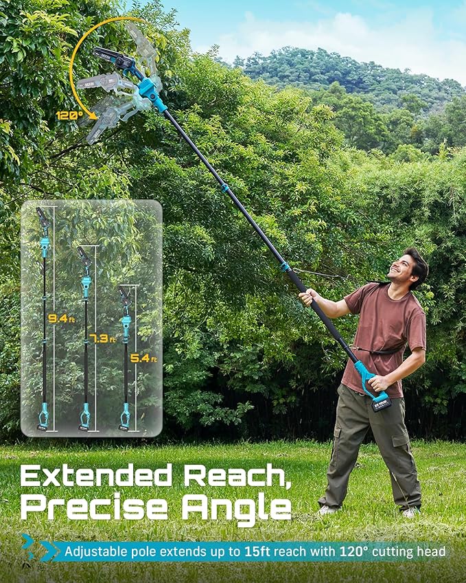 SEESII 2-in-1 Cordless Pole Saws for Tree Trimming, 6 Inch Mini Electric Chainsaw with 2 x 4000mAh Batteries, Battery Powered Chain Saw with Extension Pole, Tree Trimmer Limb Branch Cutter Pruner