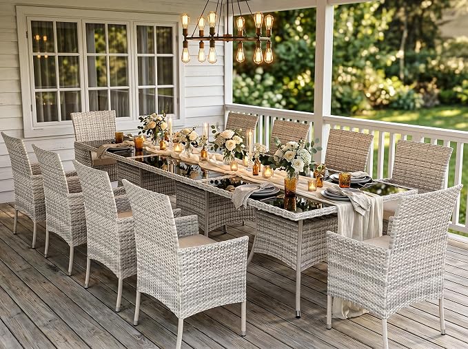 Outdoor Dining Set, 15-Piece Patio Furniture Set with Tempered Glass Table and 12 Cushioned Chairs, Dual-Strand Wicker Rattan, Balcony Furniture for Backyard, Garden, Deck,– Beige