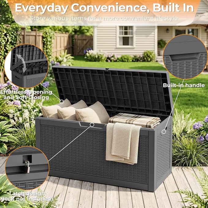 70 Gallon Waterproof Outdoor Storage Box,Deck Boxs for Outdoor and Indoor Use,Deck Storage Box for Picnic Supplies,Gardening Tools,Lockable and Easy to Install(Black)