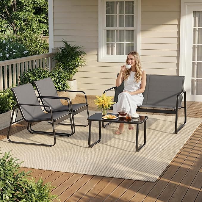 Gizoon 4 Piece Patio Furniture Set, Outdoor Conversation Set, with Glass Coffee Table, Loveseat, 2 Single Chairs, All Weather Textile Fabric, for Backyard, Balcony, Lawn, Garden, Poolside, Grey