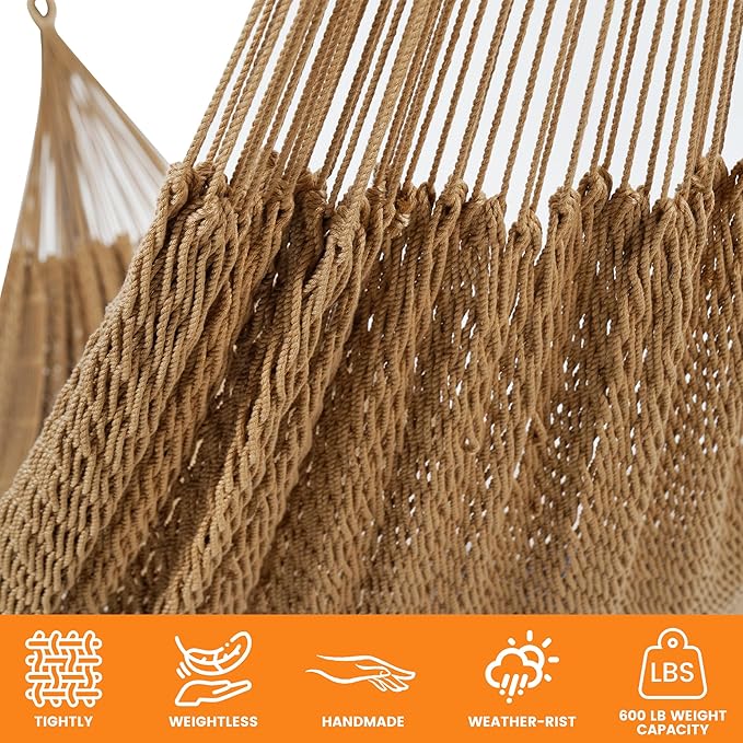 Lazy Daze Hammocks Handwoven Mayan Hammock with Heavy Duty Steel Stand, 10.5 FT Soft Rope Double Hammock for Patio Outside, 550 lbs Weight Capacity, Tan