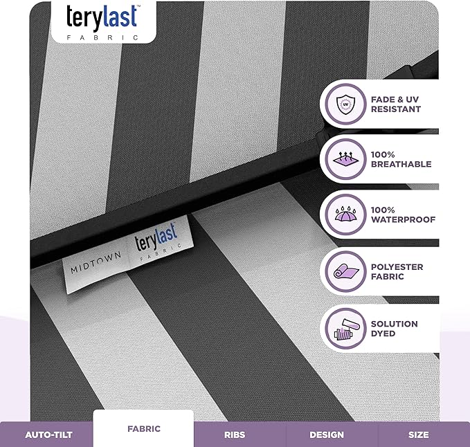 MIDTOWN UMBRELLAS The Lean 9 Feet Outdoor Umbrella With Terylast Matter Stripes (Grey/White Stripes) Polyester Fabric - Auto-Tilt Aluminum Frame Patio Umbrella For Deck, Garden, Pool - Black Pole